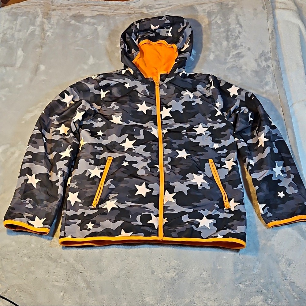 Wonder Nation Boys Hooded Full Zip Fleece Lined Jacket Camo Stars Gray Orange XL